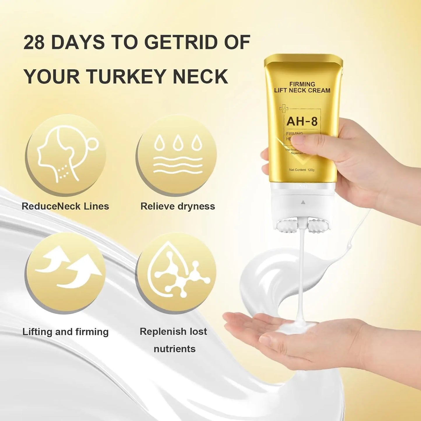 Gold AH-8 neck cream bottle with text and icons on a light yellow background