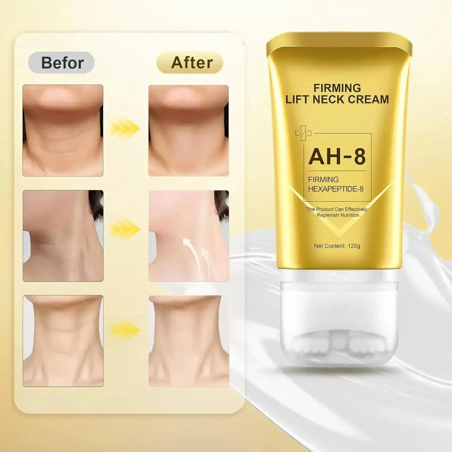 Gold AH-8 neck cream packaging with before and after effects on skin.