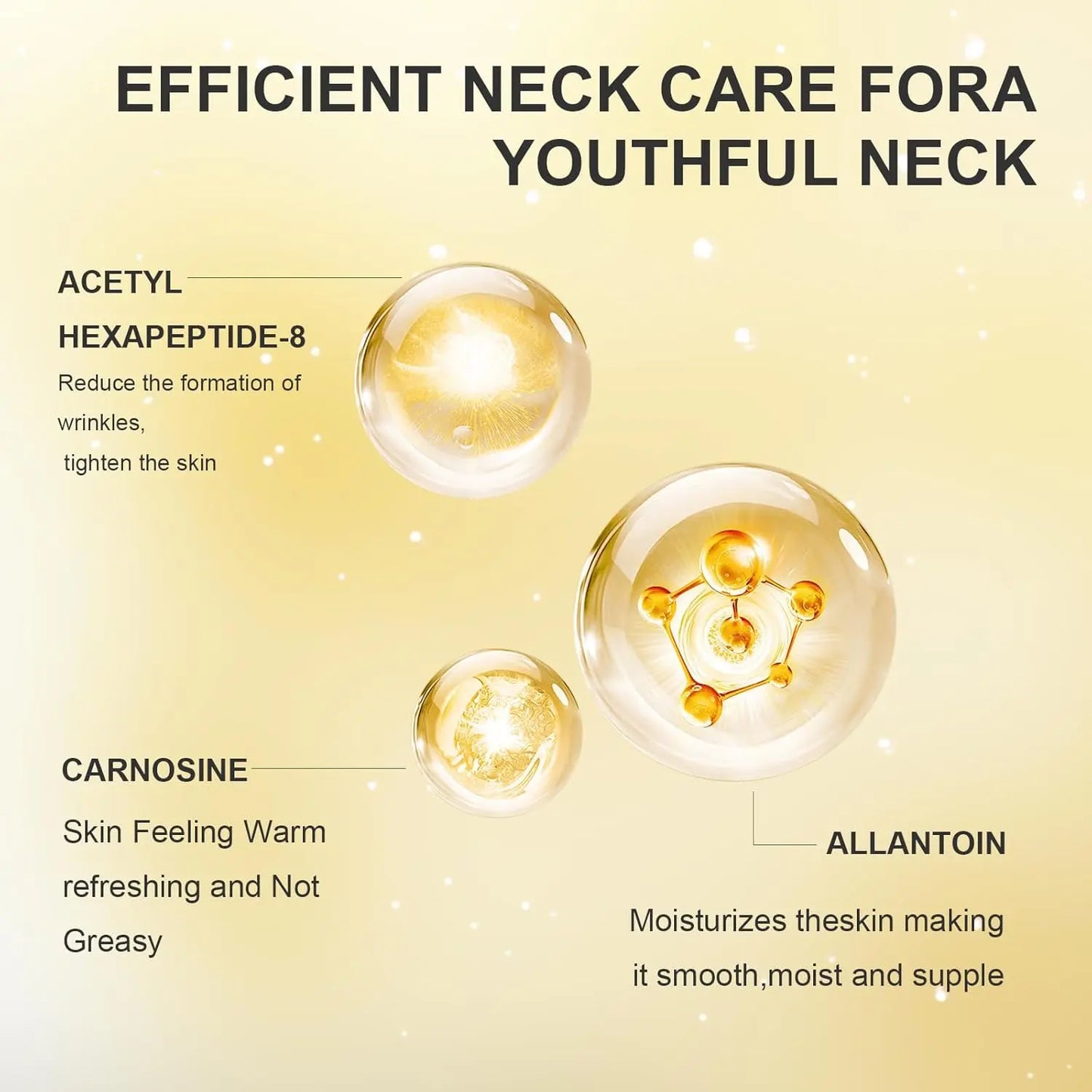 Cosmetic product with droplets labeled for neck care on a yellow background