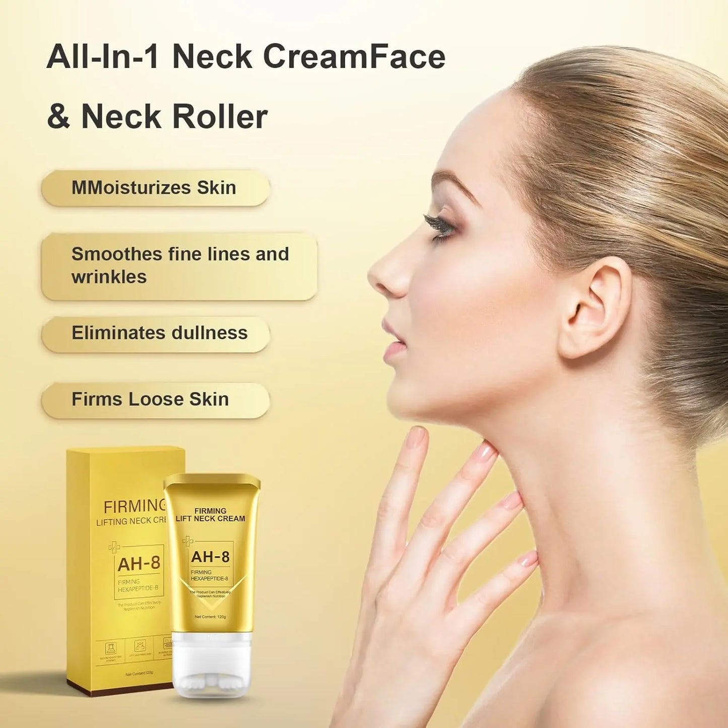 All-in-1 Neck Cream Face & Neck Roller with product packaging and benefits on a beige background