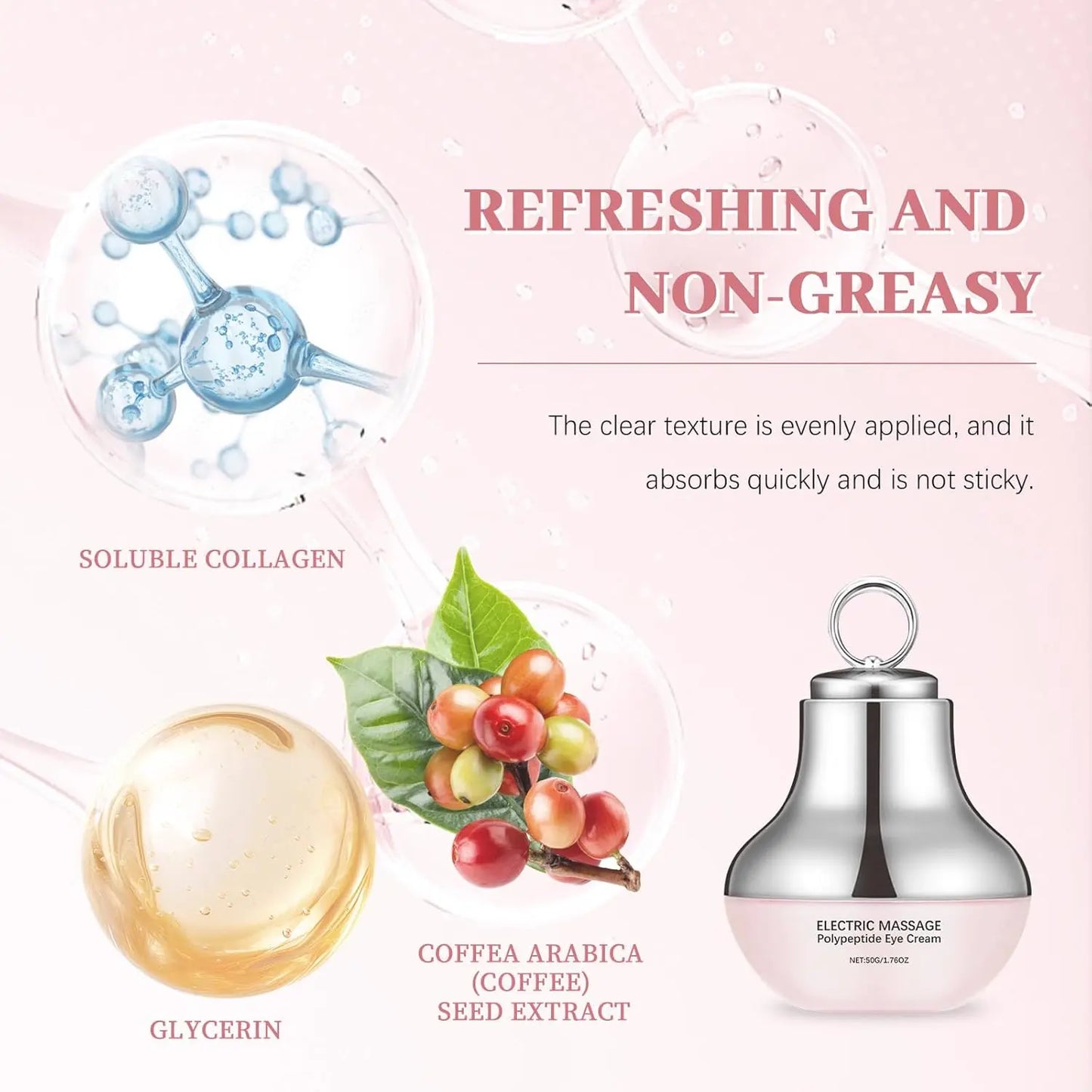 Cosmetic product with ingredients and text on a pink background