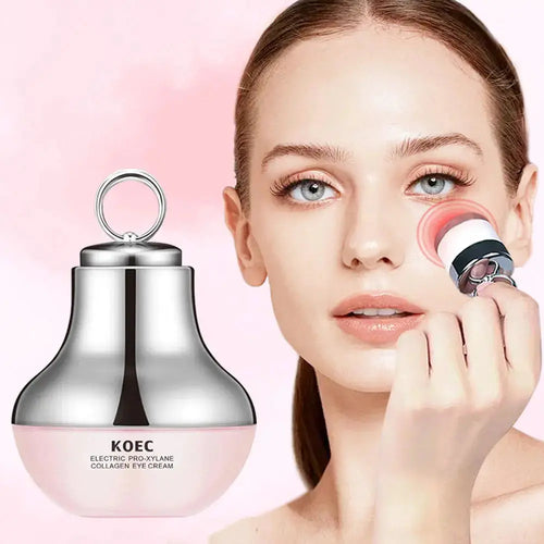 Korean beauty product with a woman using it on her face against a pink background