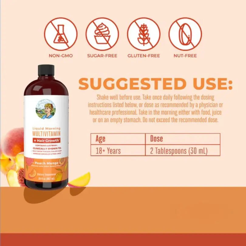 Multivitamin bottle with usage instructions and product details on a beige background