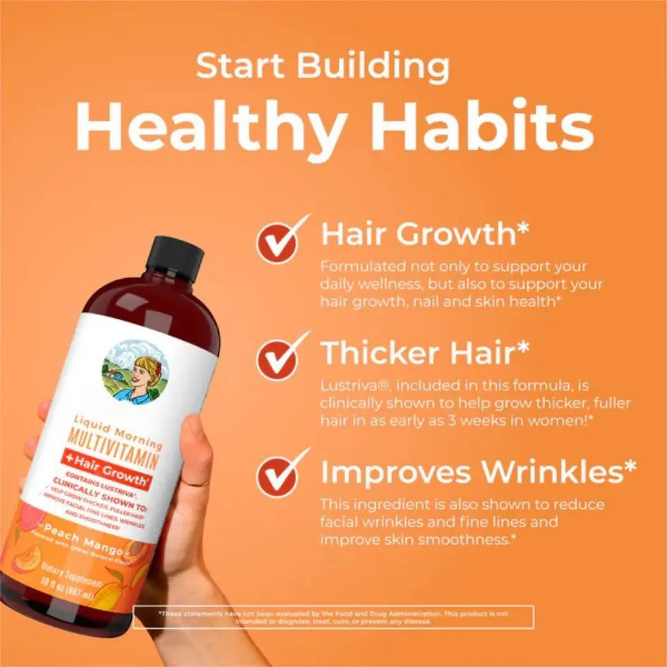 Bottle of a hair growth supplement with text on an orange background