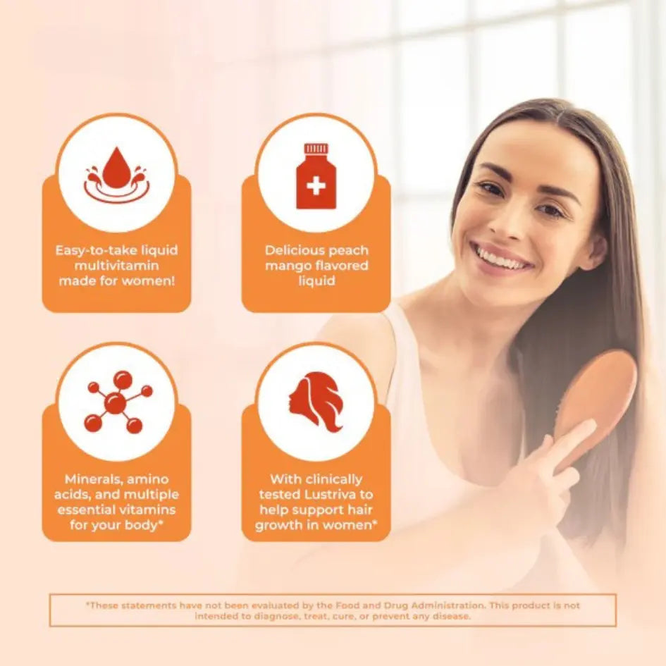 Woman with text overlay about a liquid multivitamin product