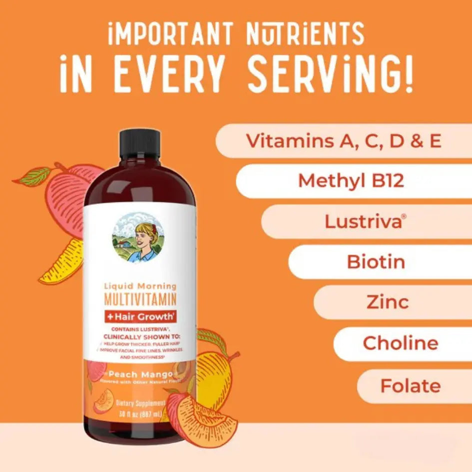 Multivitamin bottle with peach and mango graphics on an orange background