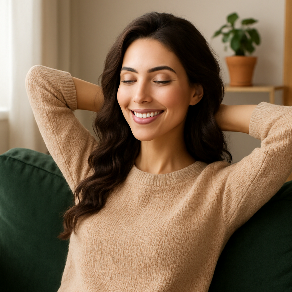 Woman wearing a beige sweater and blue jeans sitting on a green couch.