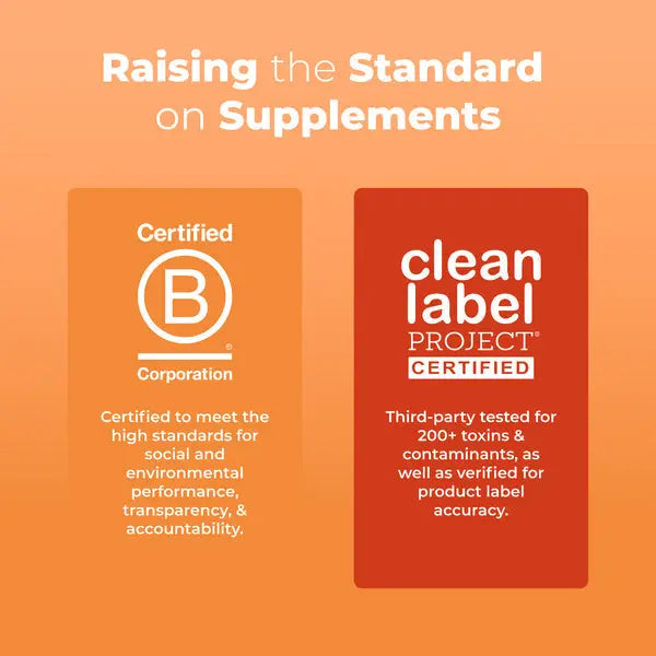 Two certification logos on an orange background with text about standards for supplements.