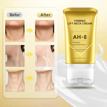 Gold AH-8 neck cream packaging with before and after effects on skin.