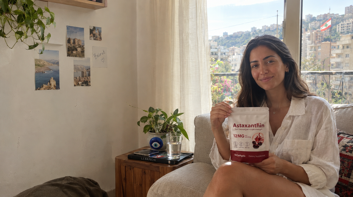Woman in a bright Beirut apartment holding Luma Astaxanthin