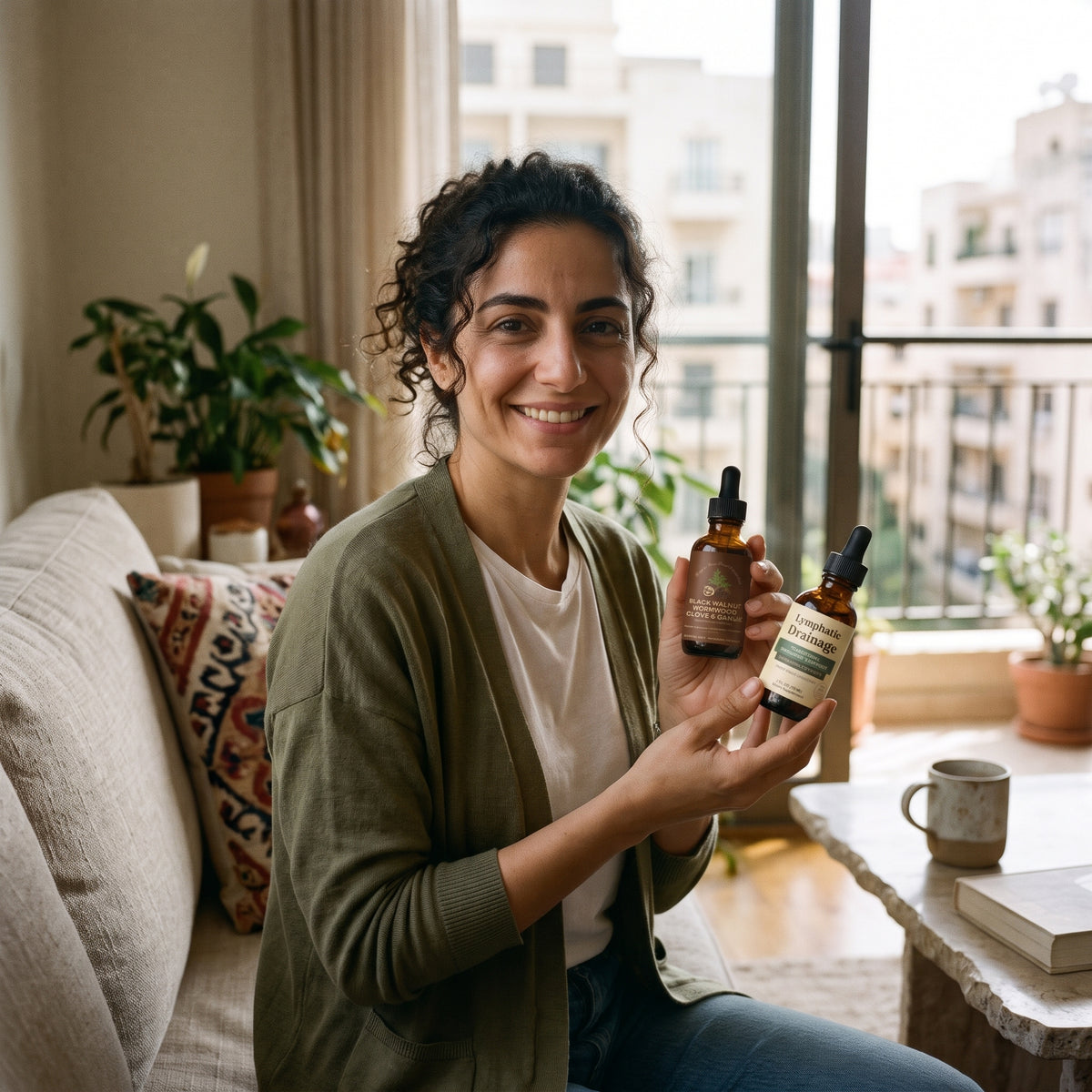 A smiling woman with curly dark hair wearing an olive green cardigan, relaxing on a sofa in a bright apartment while holding a bottle of Luma Black Walnut Wormwood Clove & Garlic drops and a bottle of Luma Lymphatic Drainage drops.