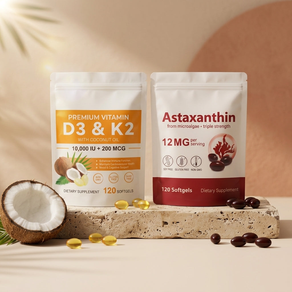 Two Luma supplement pouches—Premium Vitamin D3 & K2 and Astaxanthin 12mg—displayed on a textured stone slab alongside a split coconut and scattered softgels, set against a warm beige background with a subtle palm leaf shadow.