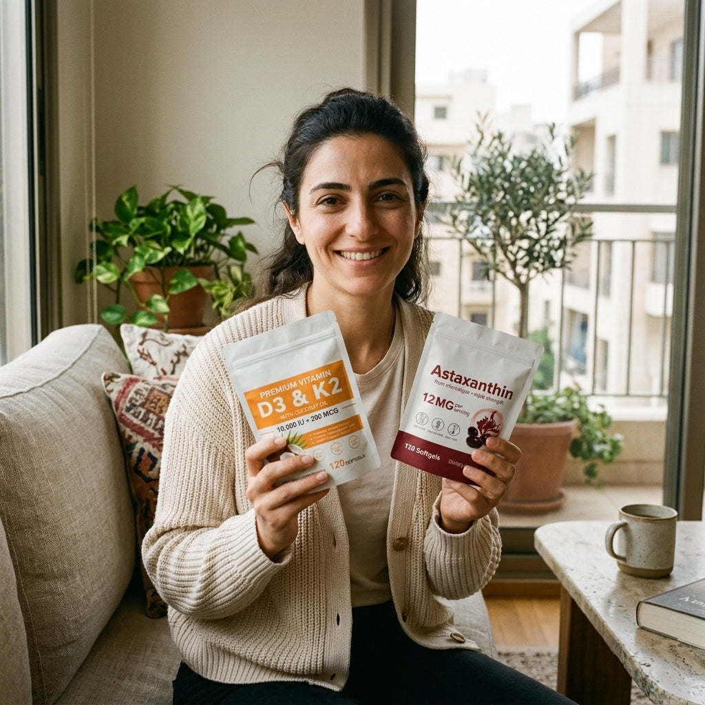 A smiling woman relaxing on a sofa in a sunlit apartment, holding a Luma Premium Vitamin D3 & K2 pouch and an Astaxanthin 12mg pouch, with a blurred balcony and coffee table in the background.