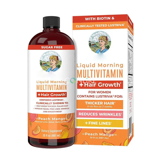 Liquid multivitamin bottle and packaging with peach mango flavor on a white background