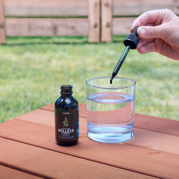 Open the bottle with dropper and water glass