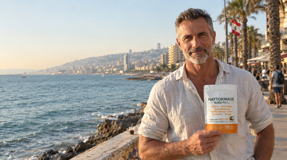 Man on a seaside promenade holding Luma Nattokinase