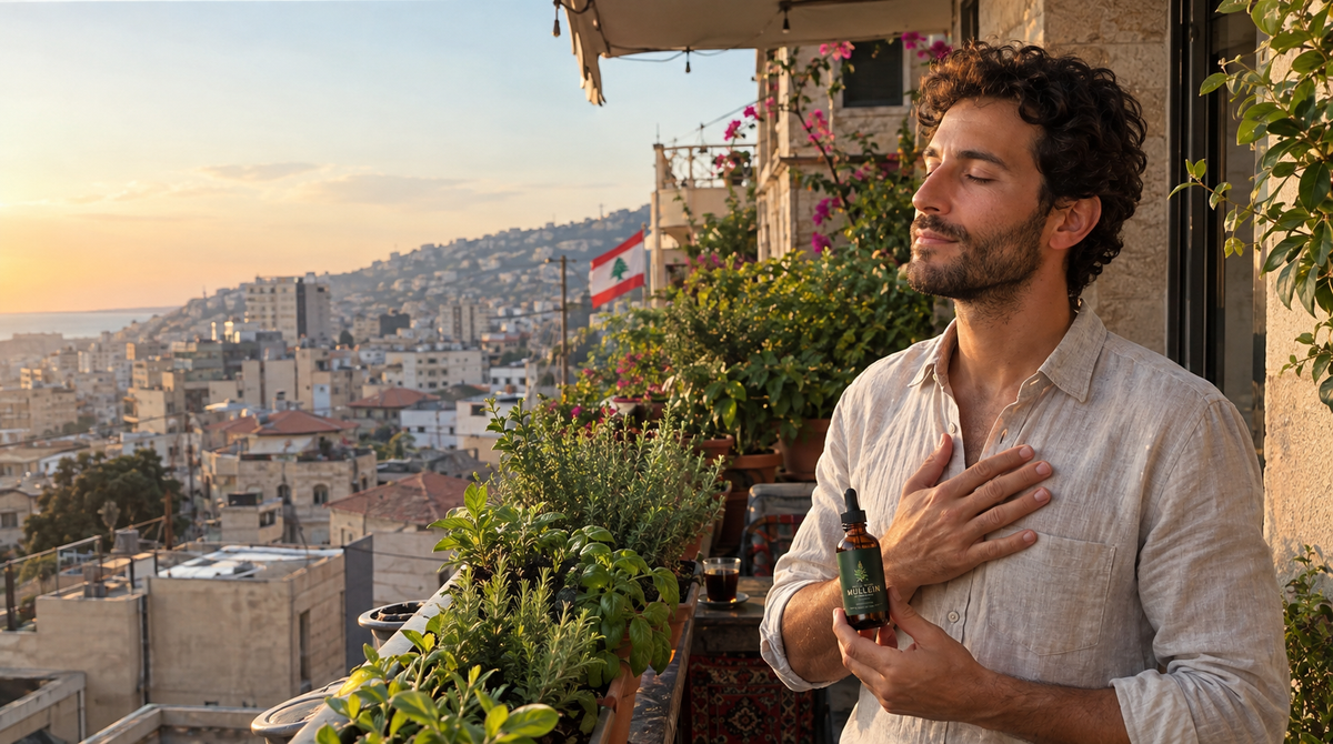 Man on a green balcony holding Luma Mullein drops