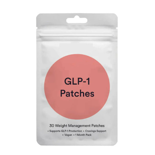 Package of GLP-1 patches with a pink circle and black text on a white background